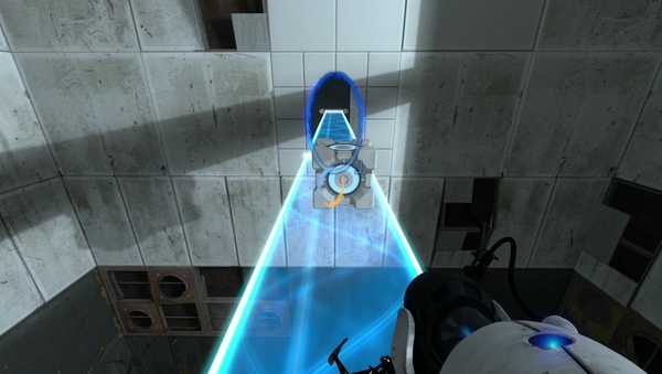 Portal 2 : Achten Sie darauf, dass der Würfel auf einer Lichtbrücke landet.