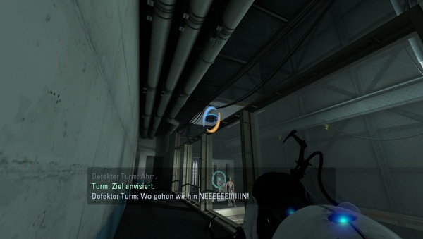 Portal 2 : In dem Raum, in dem Geschütztürme auf den Dummy schießen, können Sie über die Absperrung schauen.